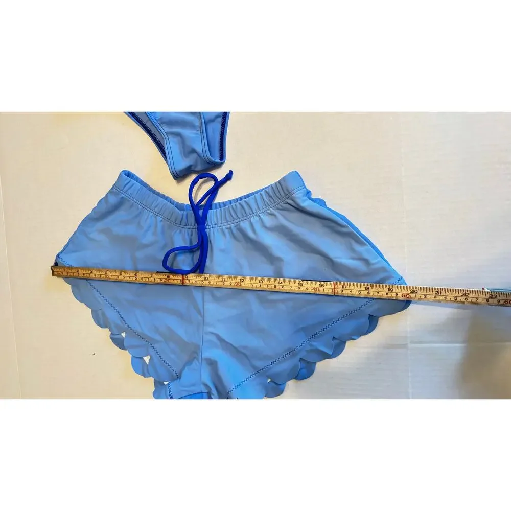 Shein Scalloped Royal Blue 3 piece bikini swimsuit shorts & top sz XS